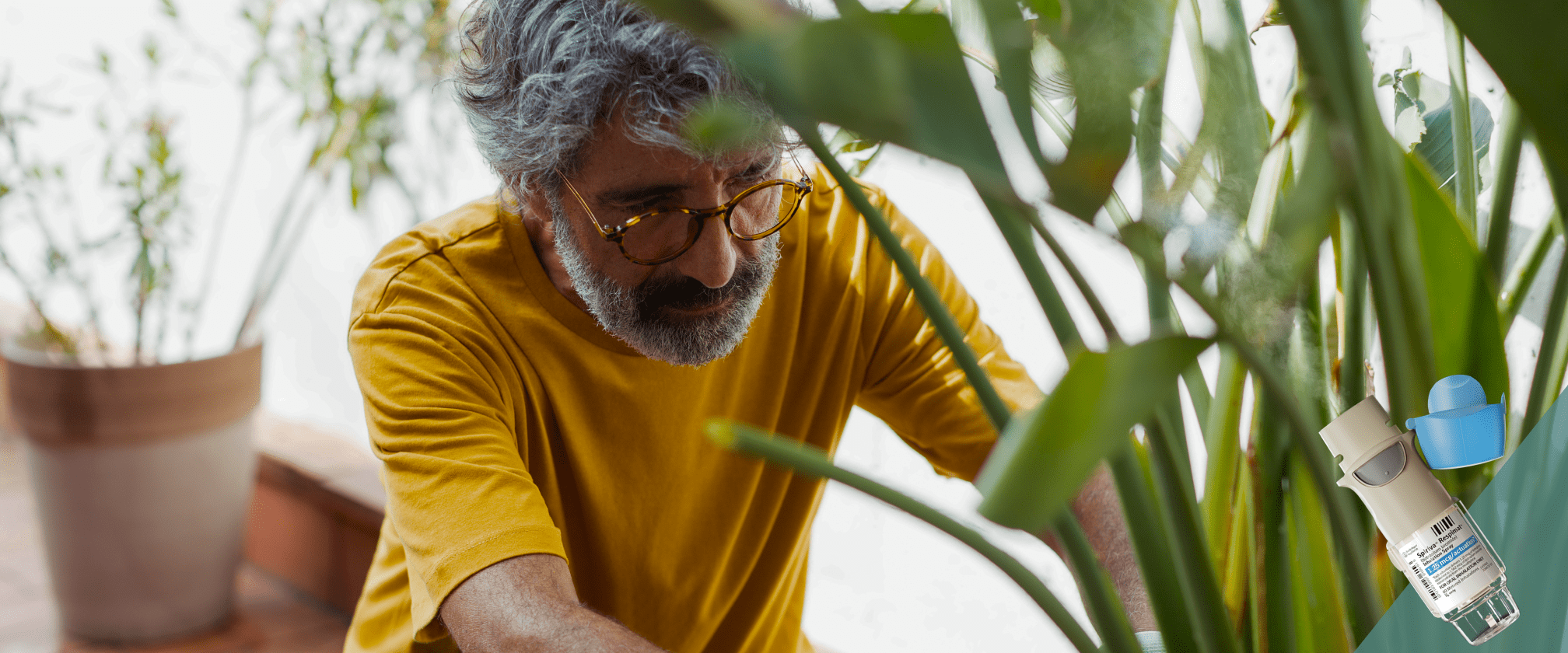 man with glasses taking care of plants