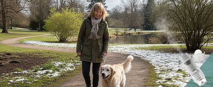 Old woman and her dog walking in nature